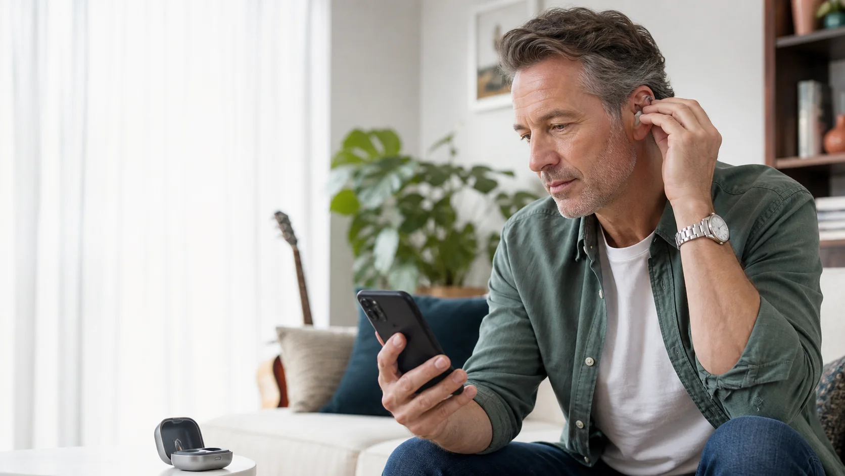 A man checking his phone while adjusting a hearing aid at home