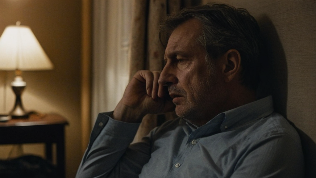 A man awake at night, bothered by ringing in his ears