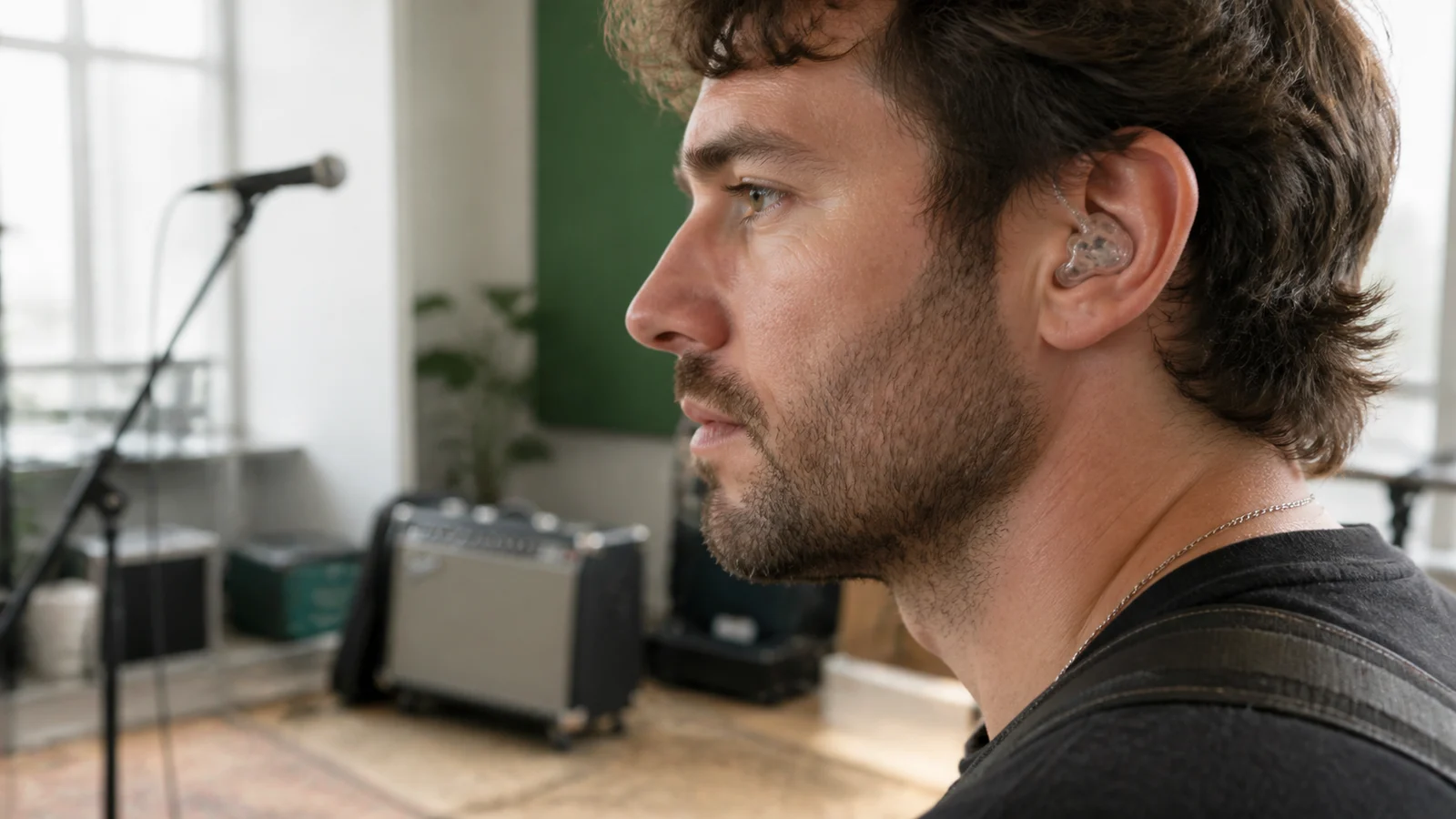 Musician wearing a clear custom earplug in a rehearsal room