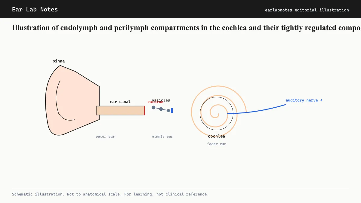 Illustration of endolymph and perilymph compartments in the cochlea and their tightly regulated composition.