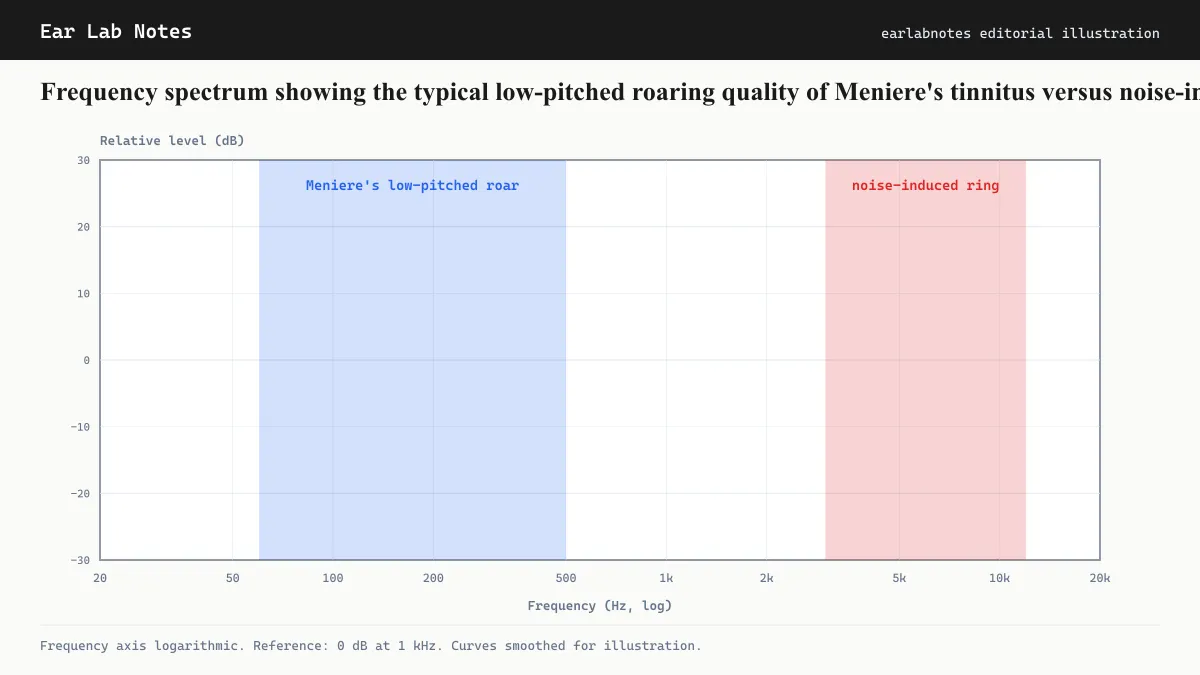 Frequency spectrum showing the typical low-pitched roaring quality of Meniere's tinnitus versus noise-induced high-pitched ringing.