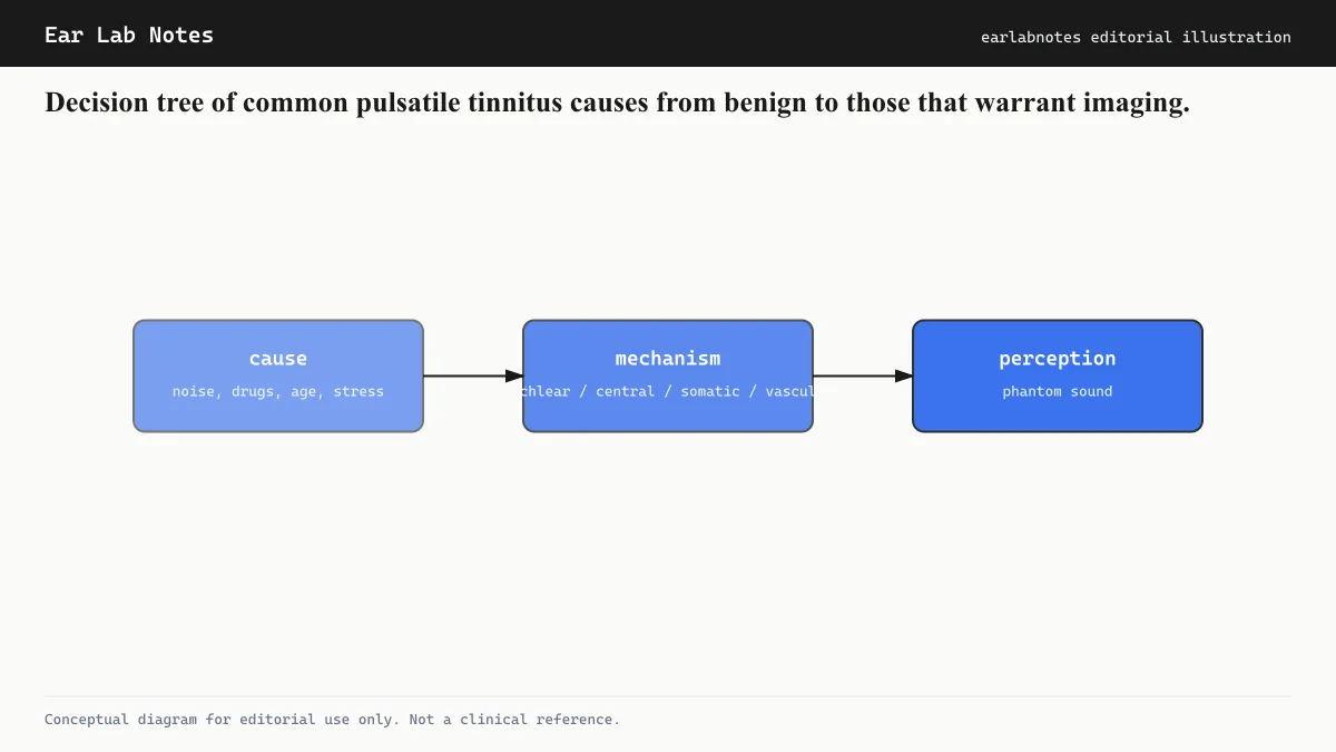 Decision tree of common pulsatile tinnitus causes from benign to those that warrant imaging.