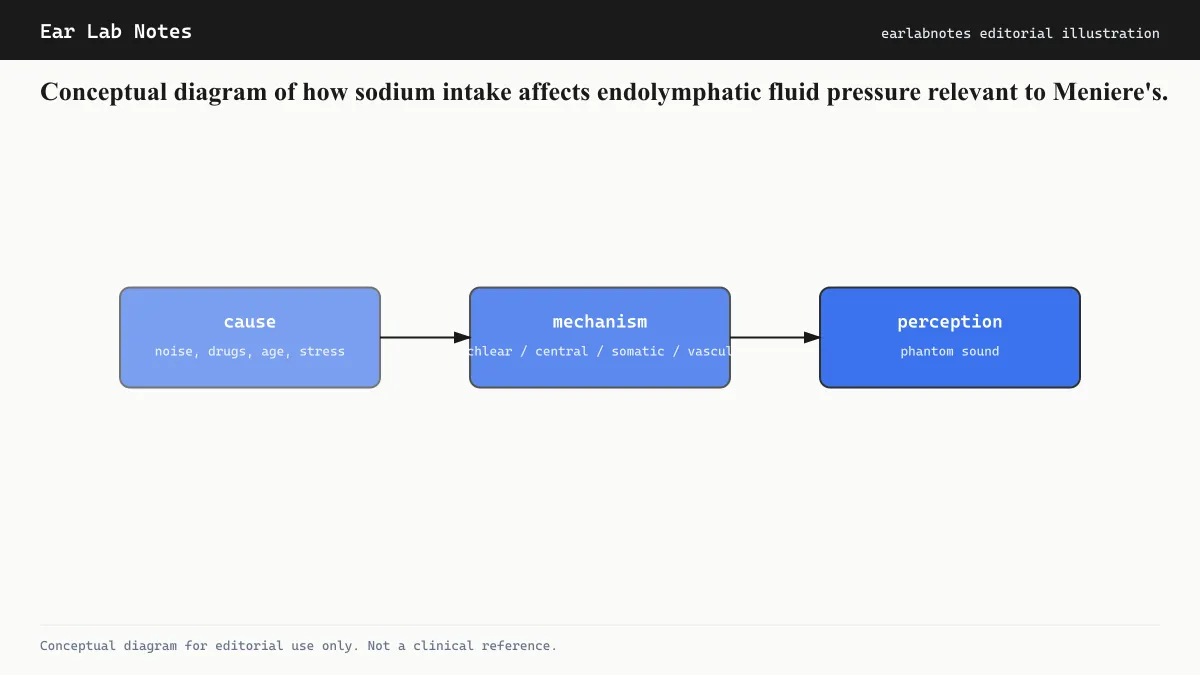 Conceptual diagram of how sodium intake affects endolymphatic fluid pressure relevant to Meniere's.
